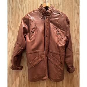 Vintage 1990s Saxony Leather Coat Long Rich Brown Smooth Men's Winter Lined L